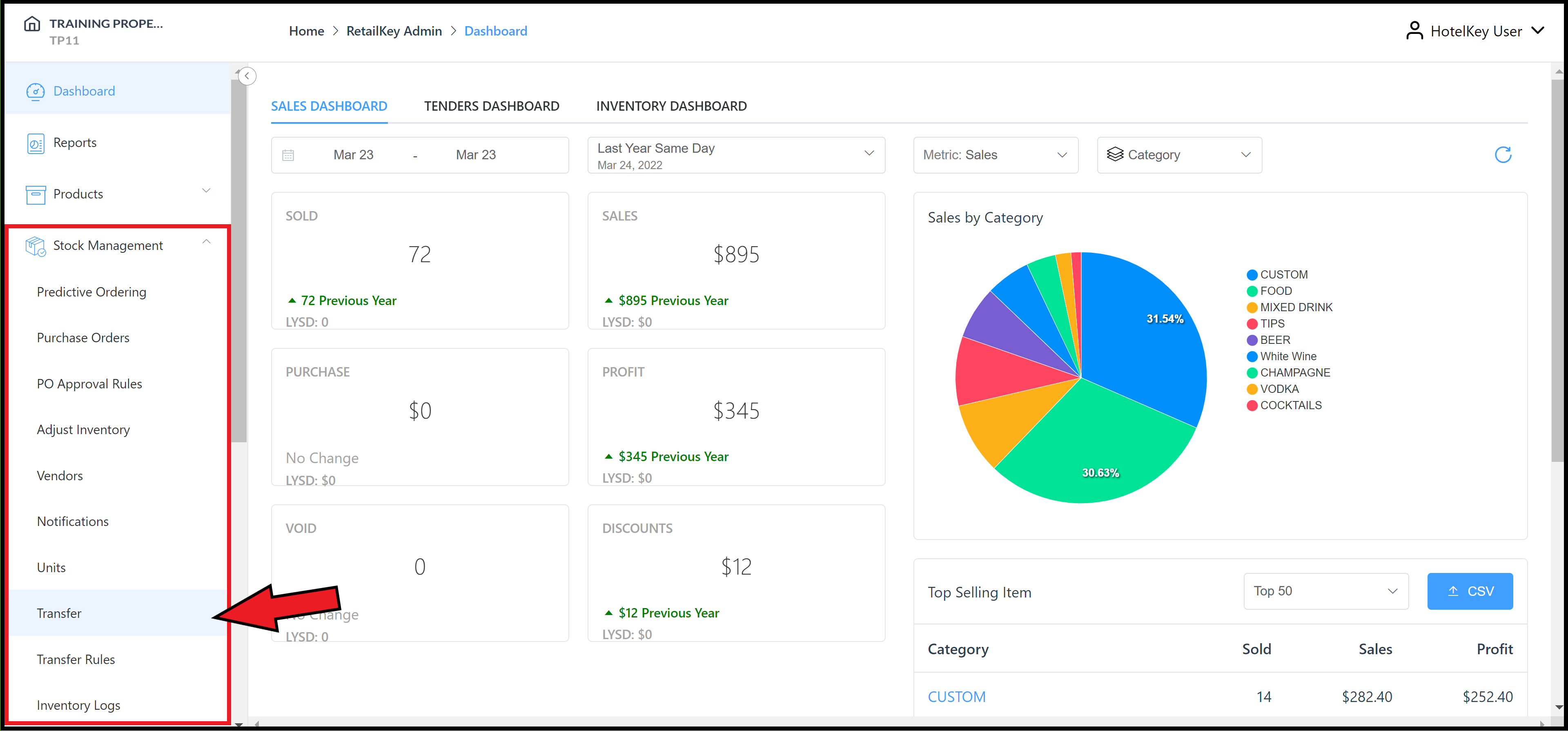 Stock Management Menu Expanded - Transfers Link