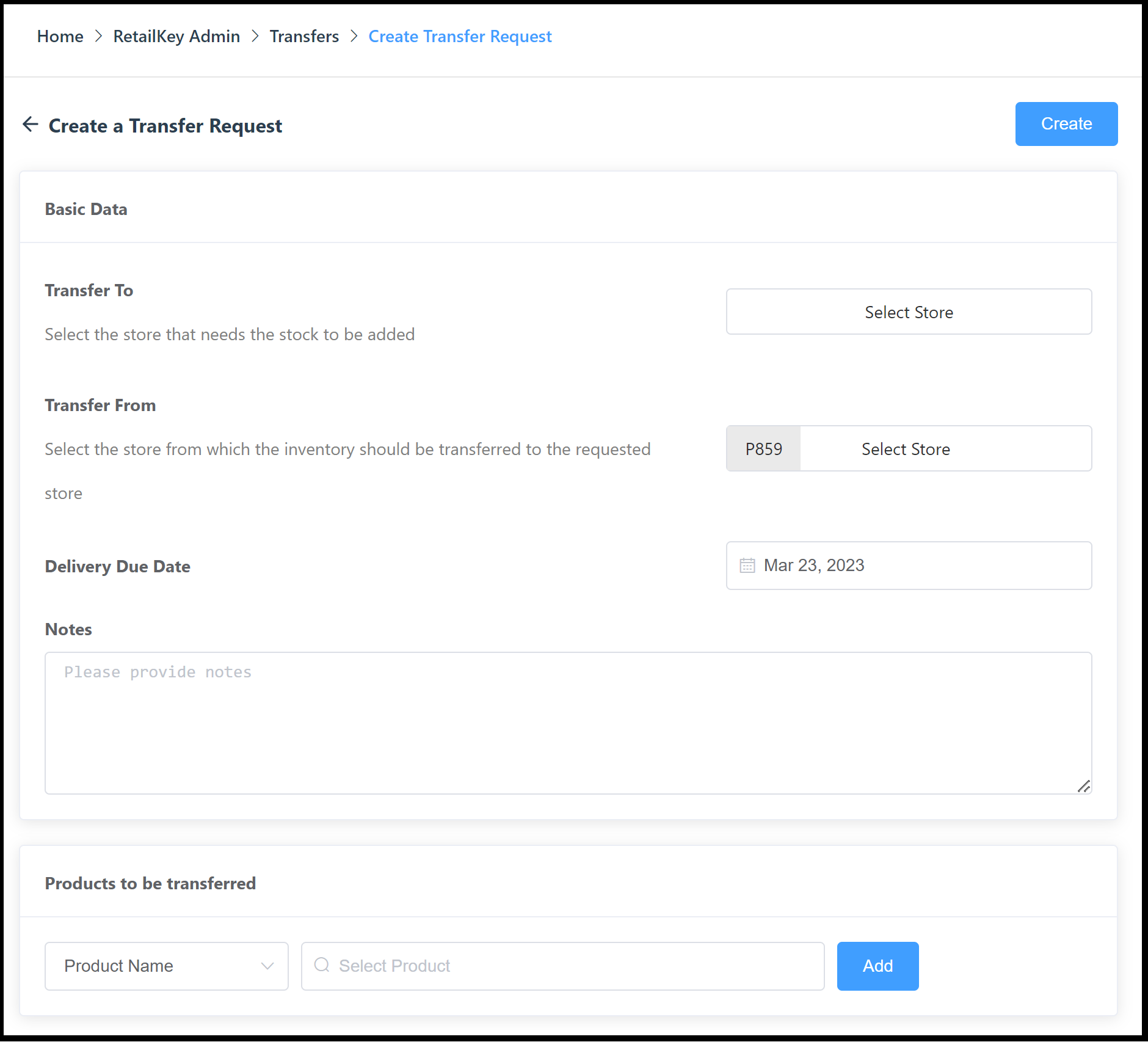 Create a Transfer Request Panel