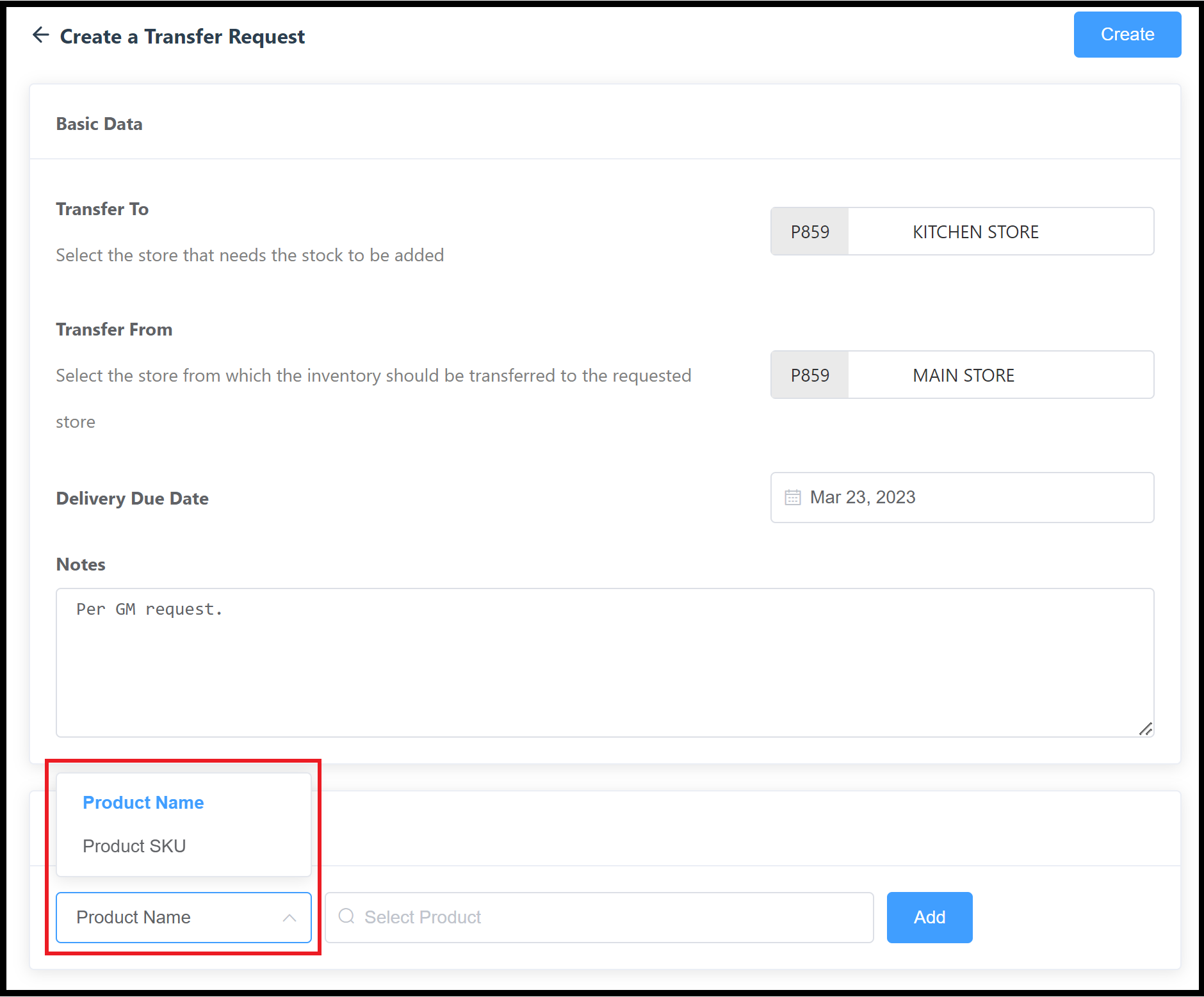 Products to be Transferred Section - Select Product Name or SKU