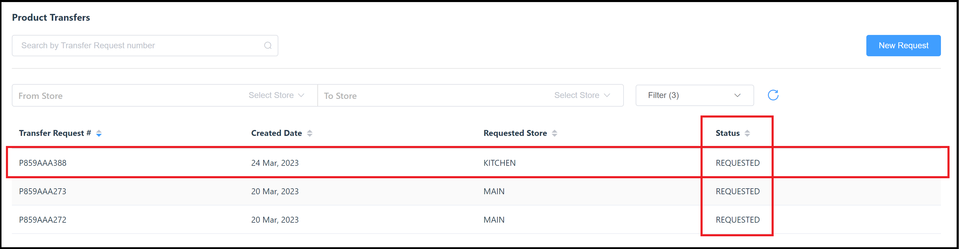 Product Transfers List - Statuses