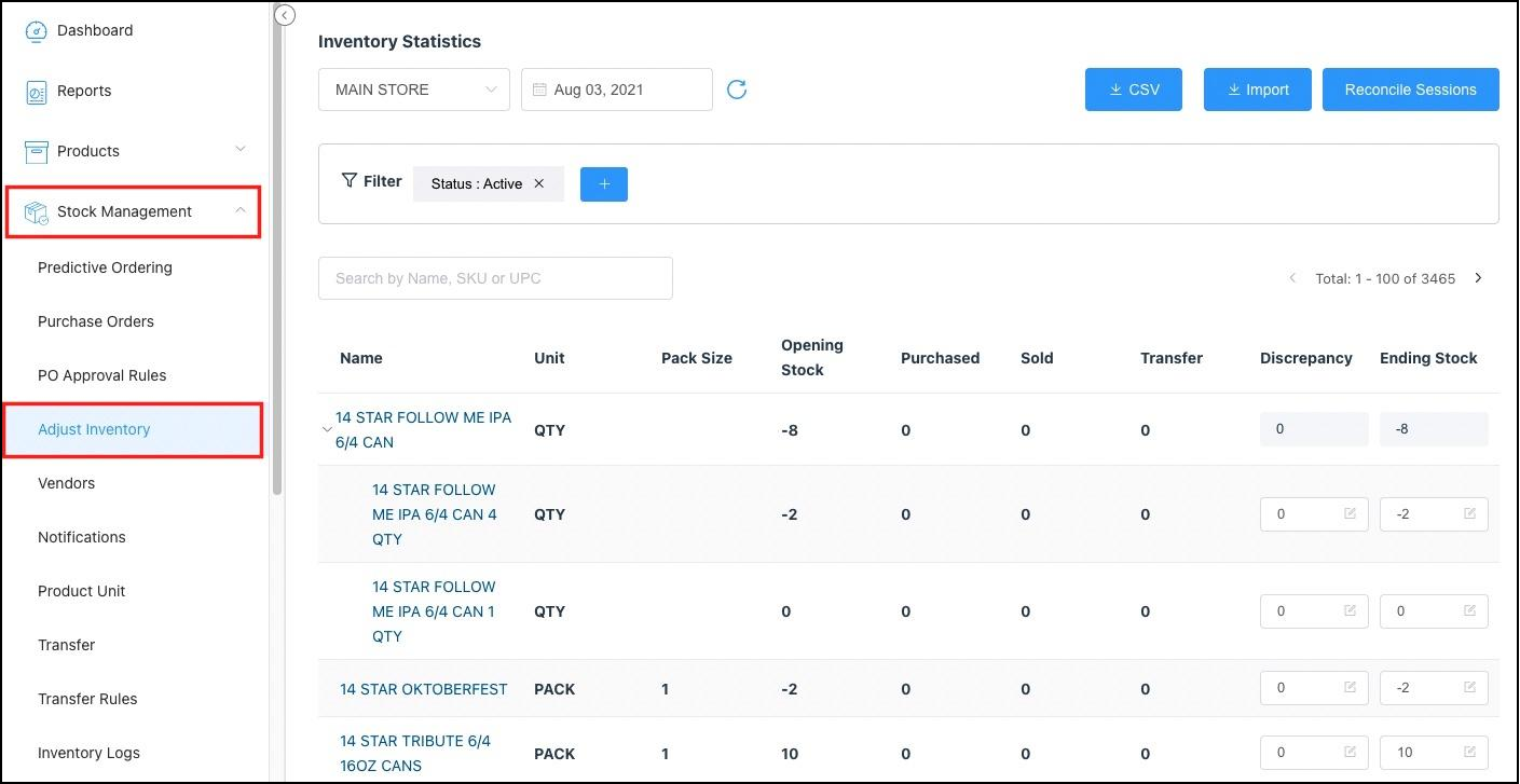 Inventory Statistics PanelStock Management Menu Expanded - Adjust Inventory Link