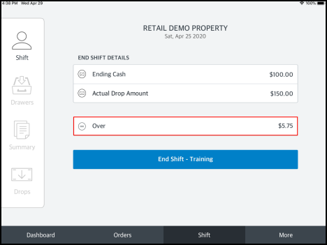 Shift Page - Cash Collected Short Example