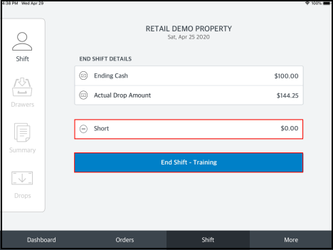 Shift Page - Cash Collected Match Example