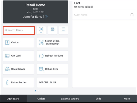 Dashboard - Search Items Box