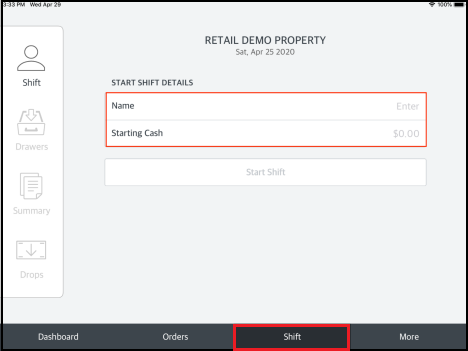 Shift Detail Screen - START SHIFT DETAILS