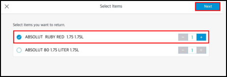 Select Item and Quantity to Return