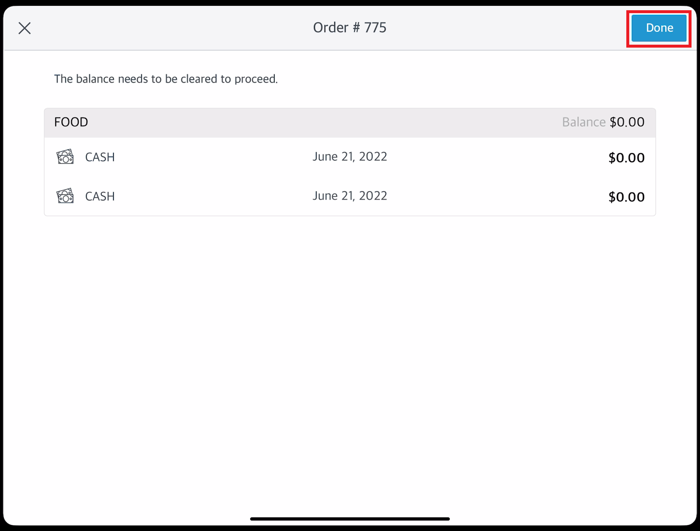 Clear Balances Popup - All Items Cleared