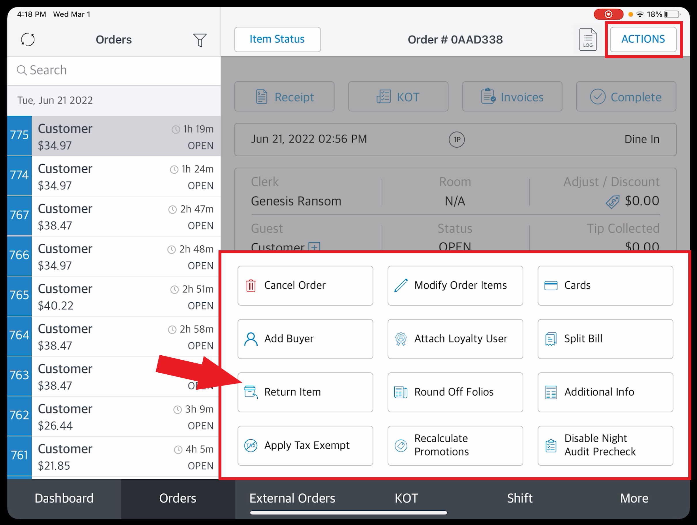 ACTIONS Menu Expanded