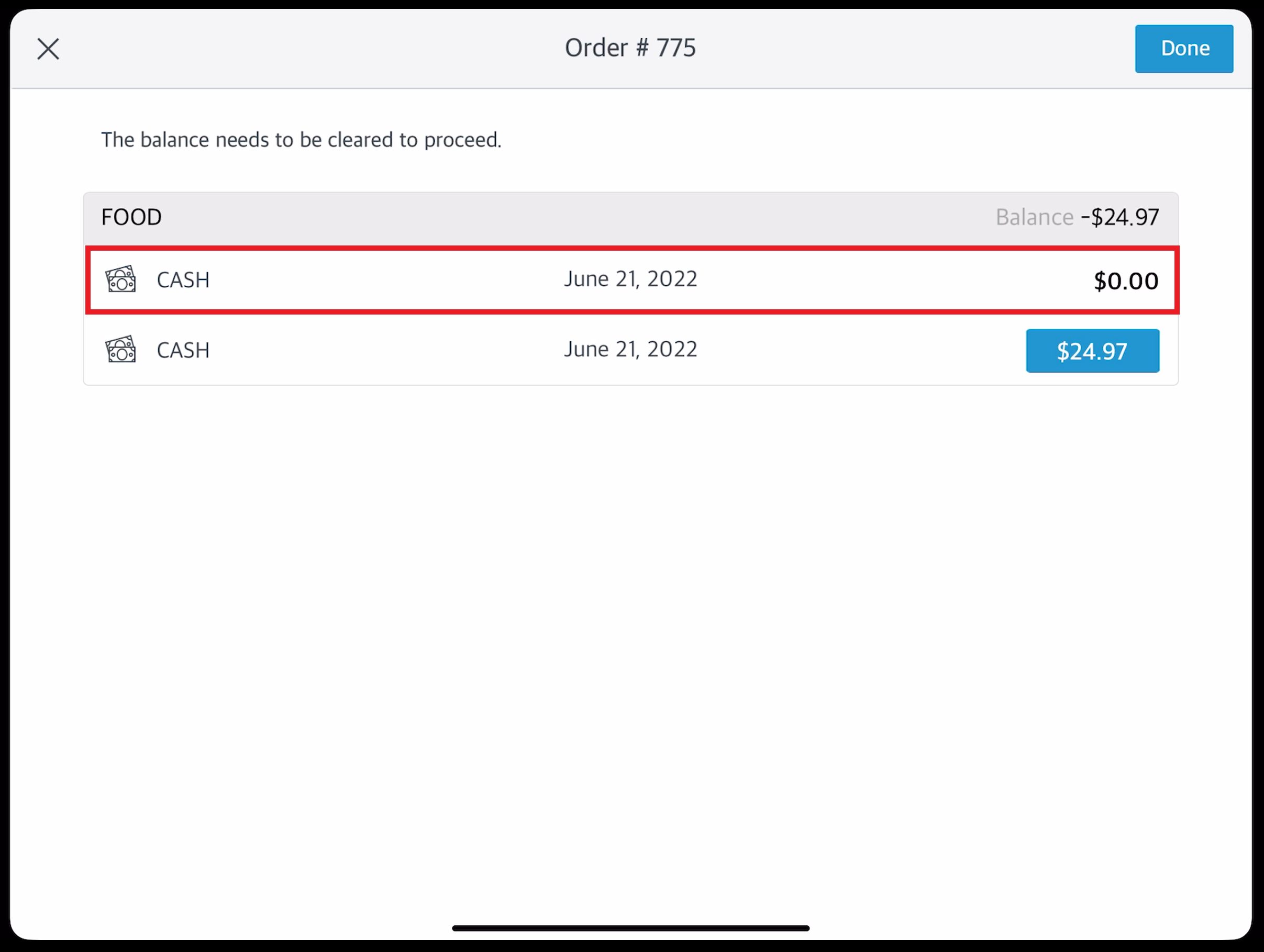 Clear Balances Popup - First Item Cleared
