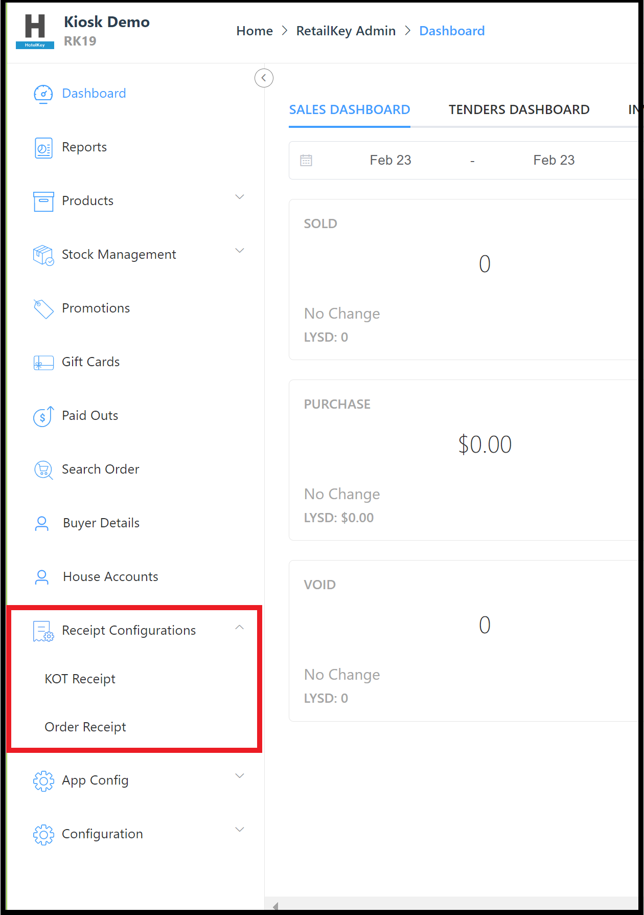 Receipt Configurations Menu - Order Receipt Link