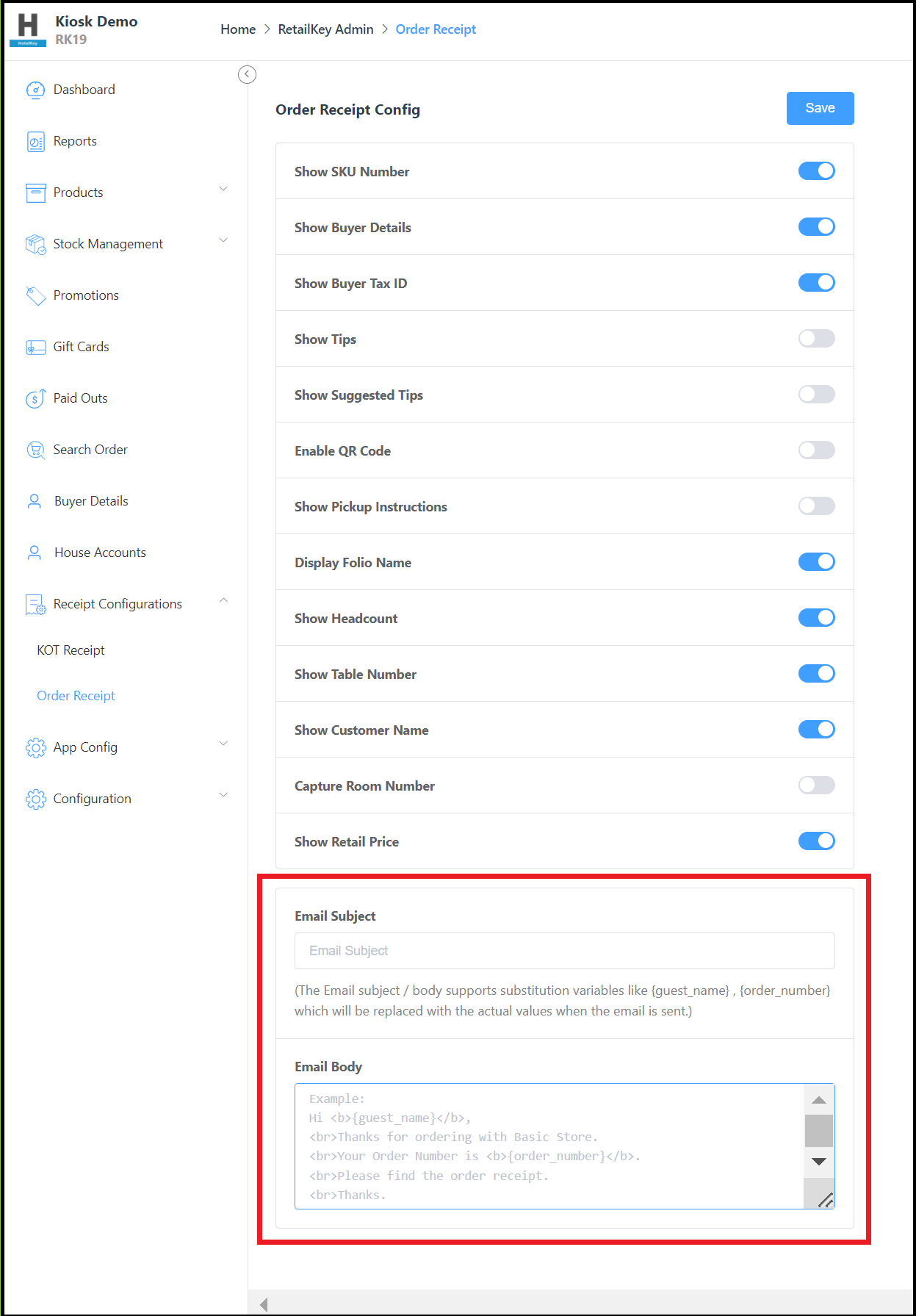 Order Receipt Configuration Panel