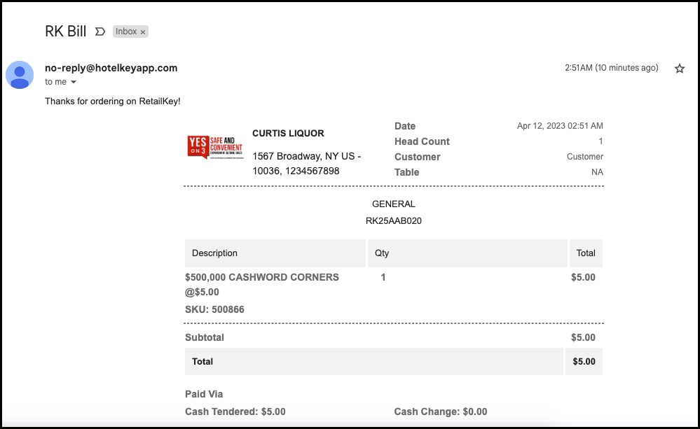 Sample Emailed Receipt