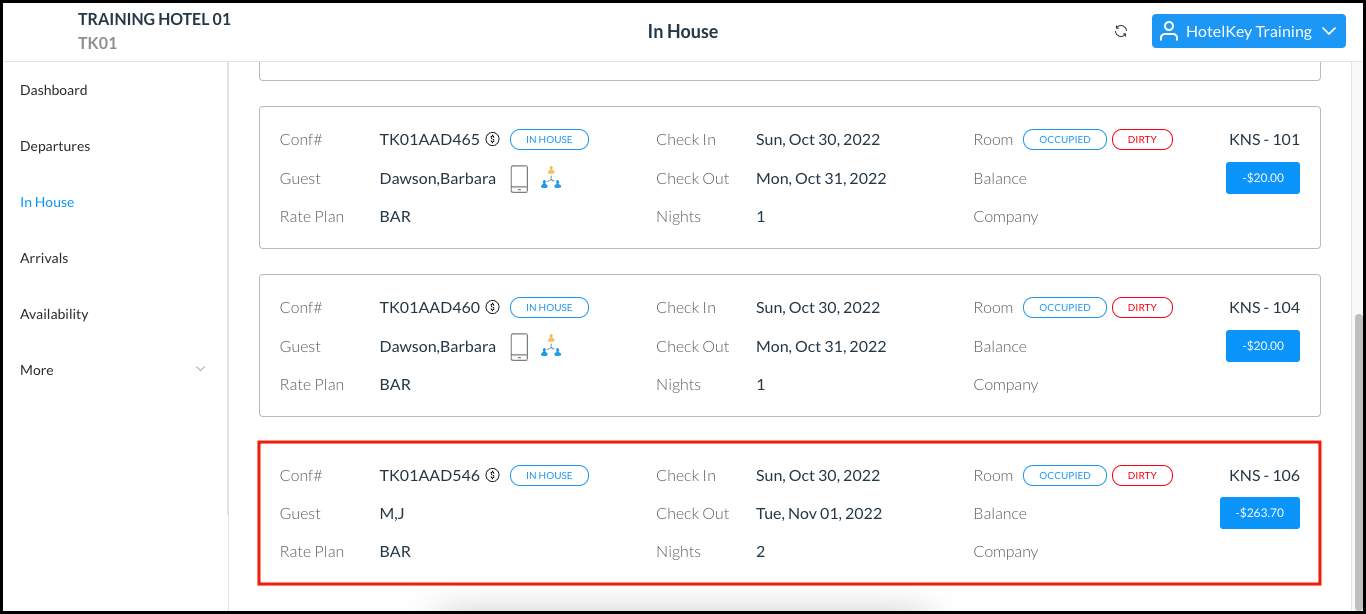 In House Reservations Page