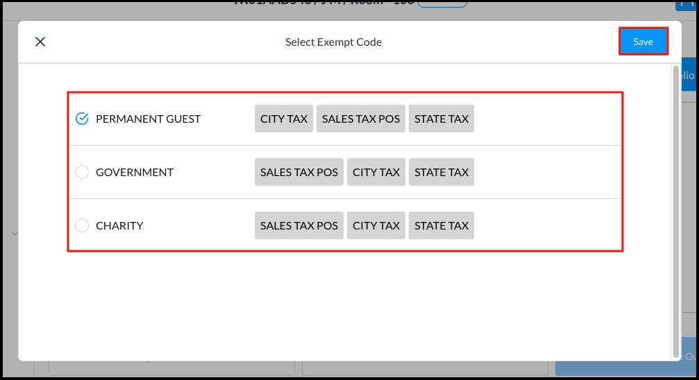 Select Exempt Code Popup