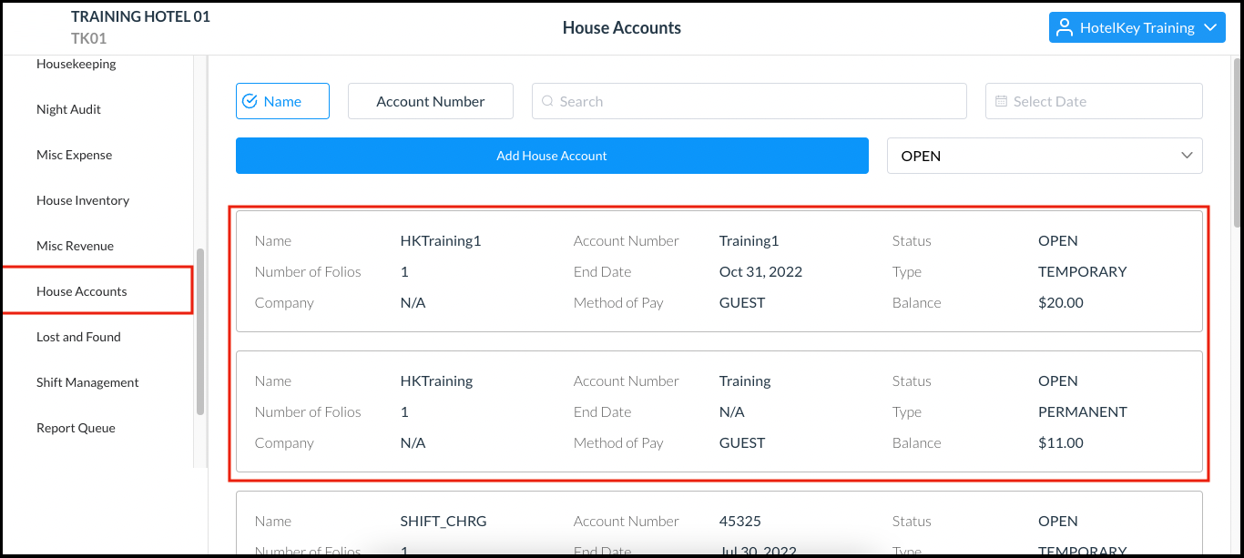 House Accounts Page