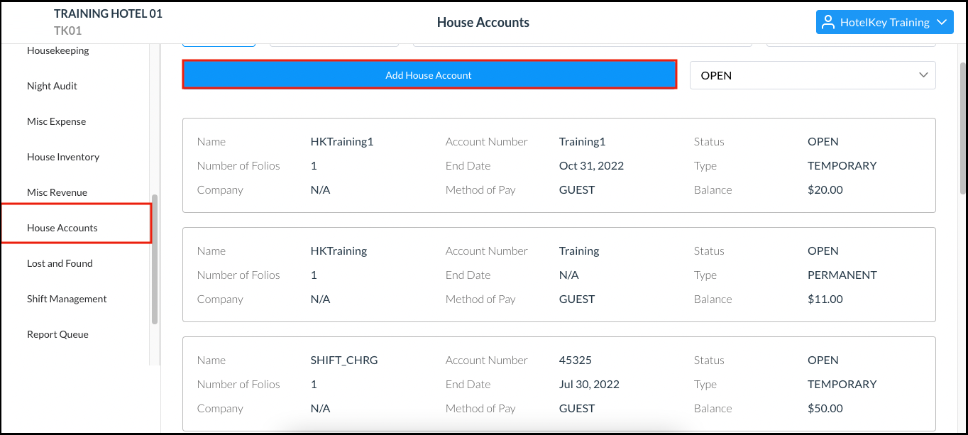 House Accounts Page - Add House Account Link