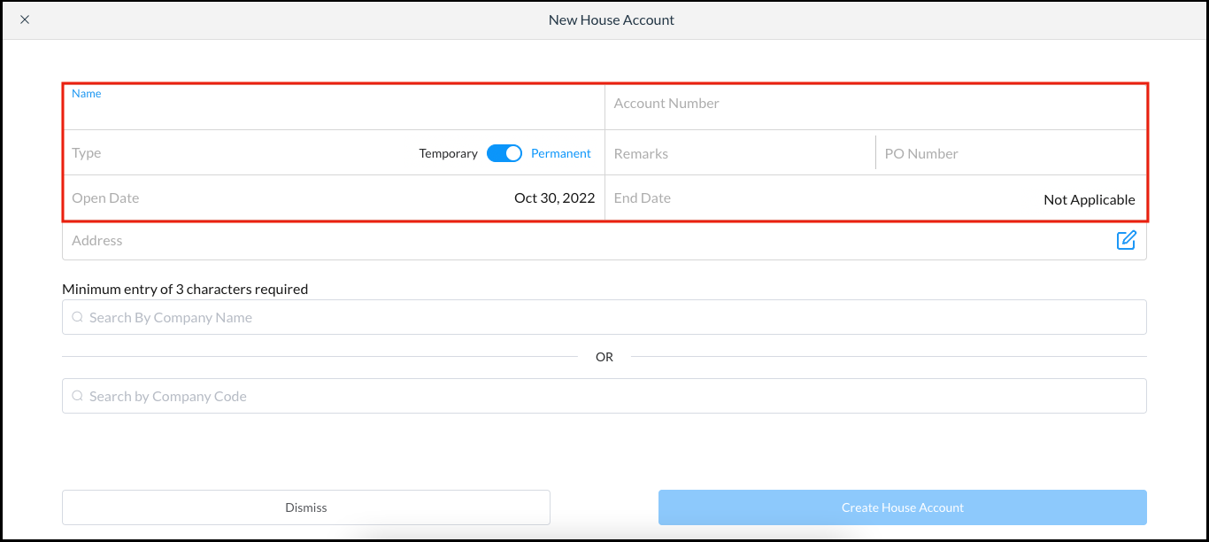 New House Account Popup - Temporary Account Selected