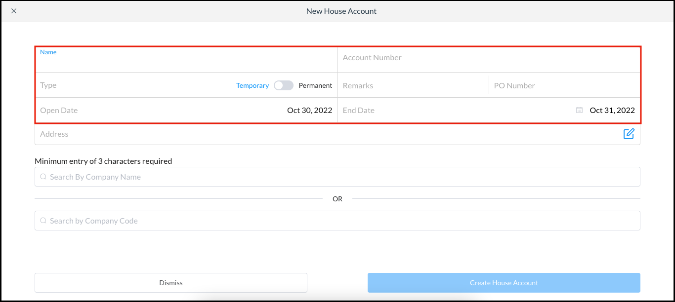 New House Account Popup - Permanent Account Selected