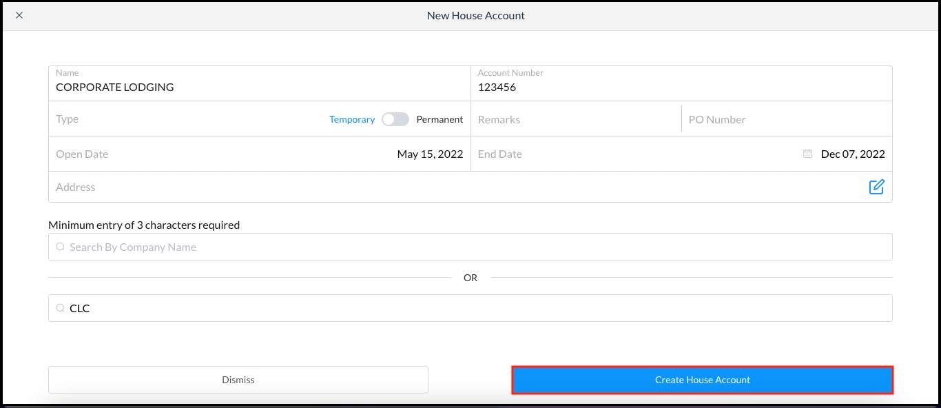 New House Account Popup - Create House Account Link