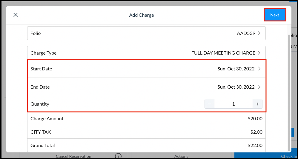 Add Charge Popup - Dates and Quantity