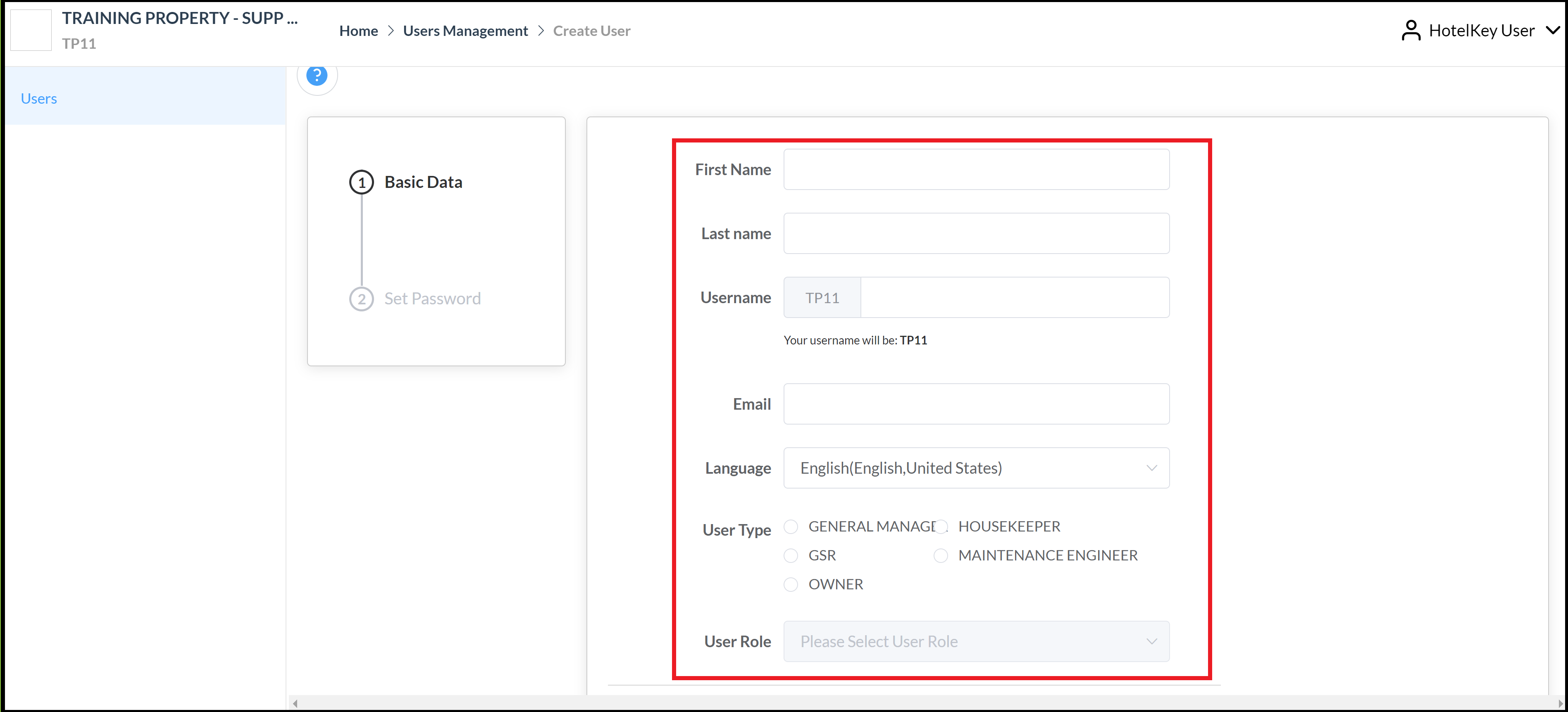 Create User Form - Basic Data Tab (empty)