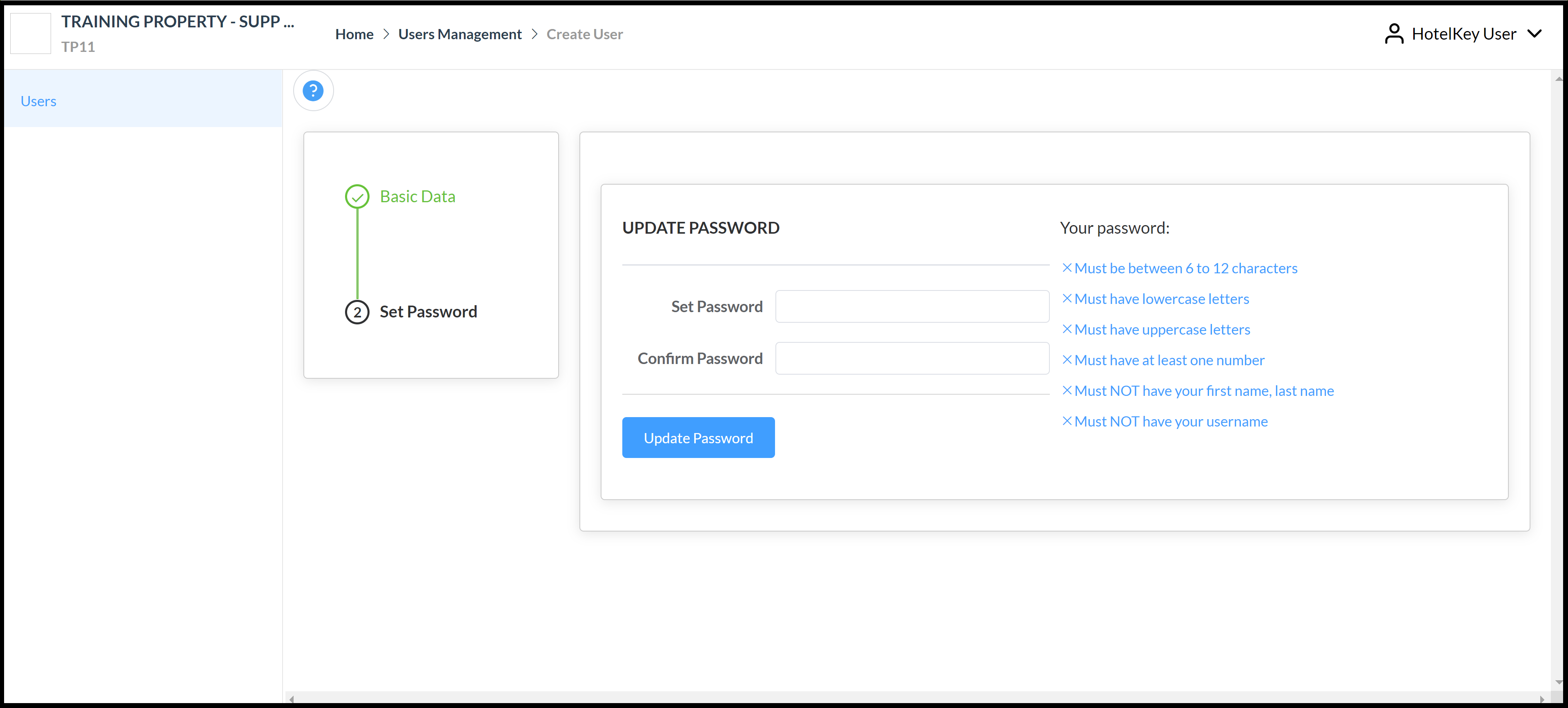 UPDATE PASSWORD Page