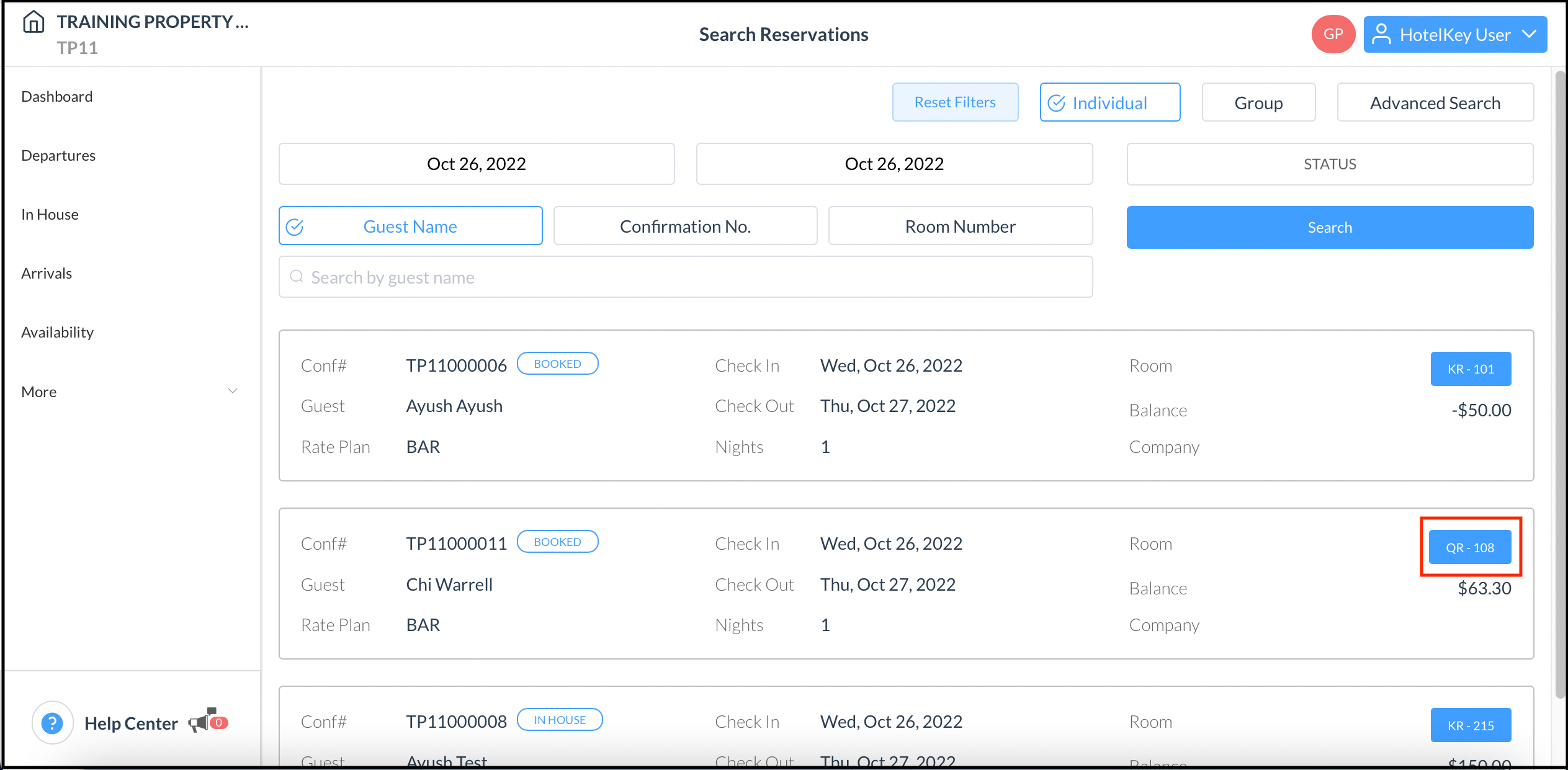 Search Reservations Results List