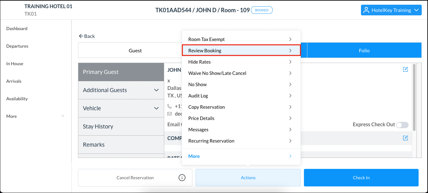 Reservation Details Page - Actions List Expanded