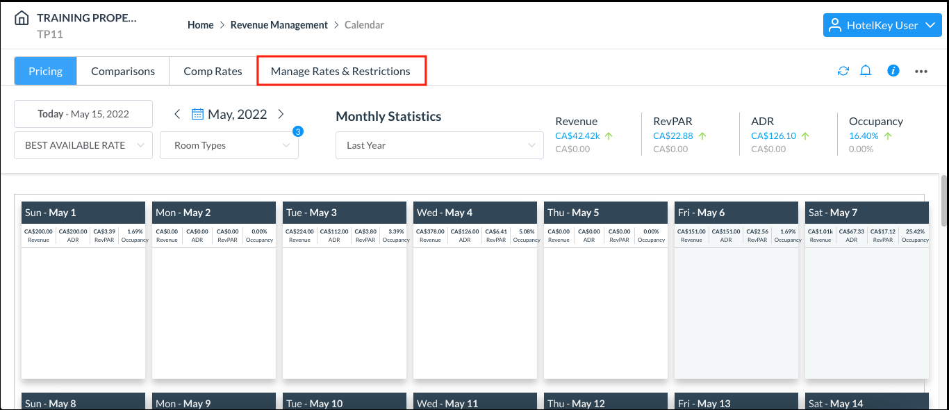 Rate Calendar - Manage Rates and Restrictions Link