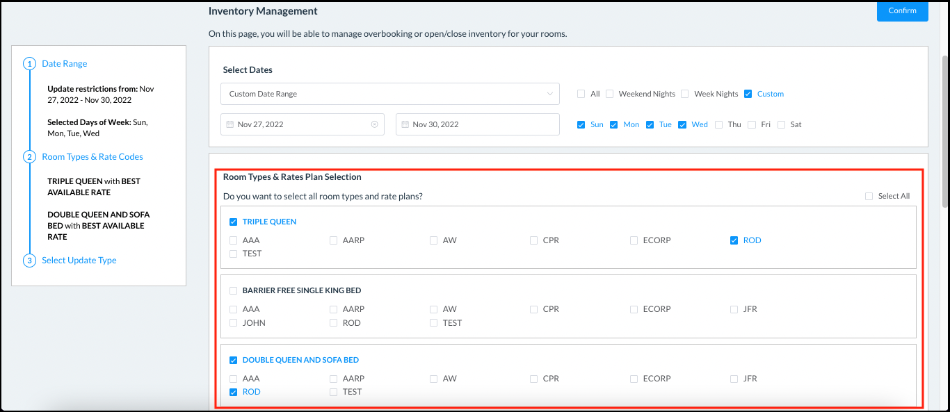 Inventory Management - Room Types and Rates Plan Selection