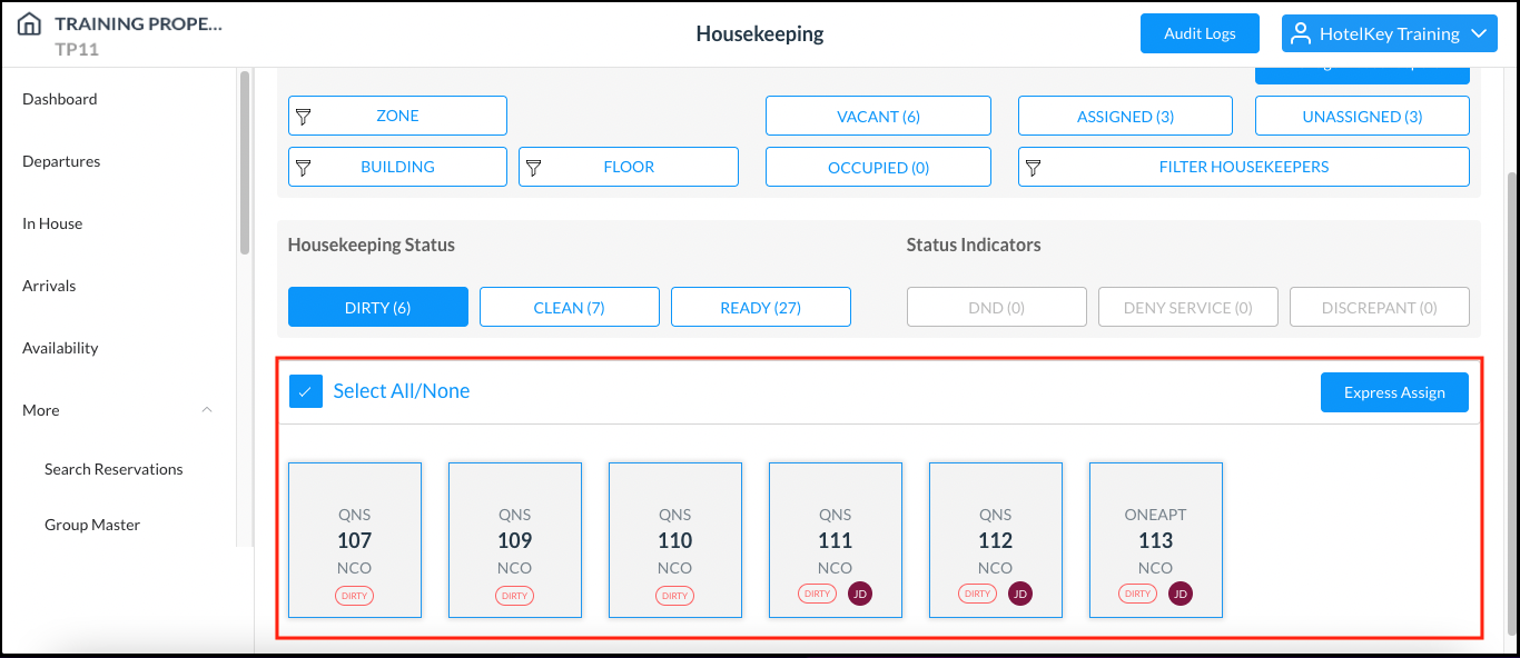 Housekeeping Page - Room Selection Links Activated
