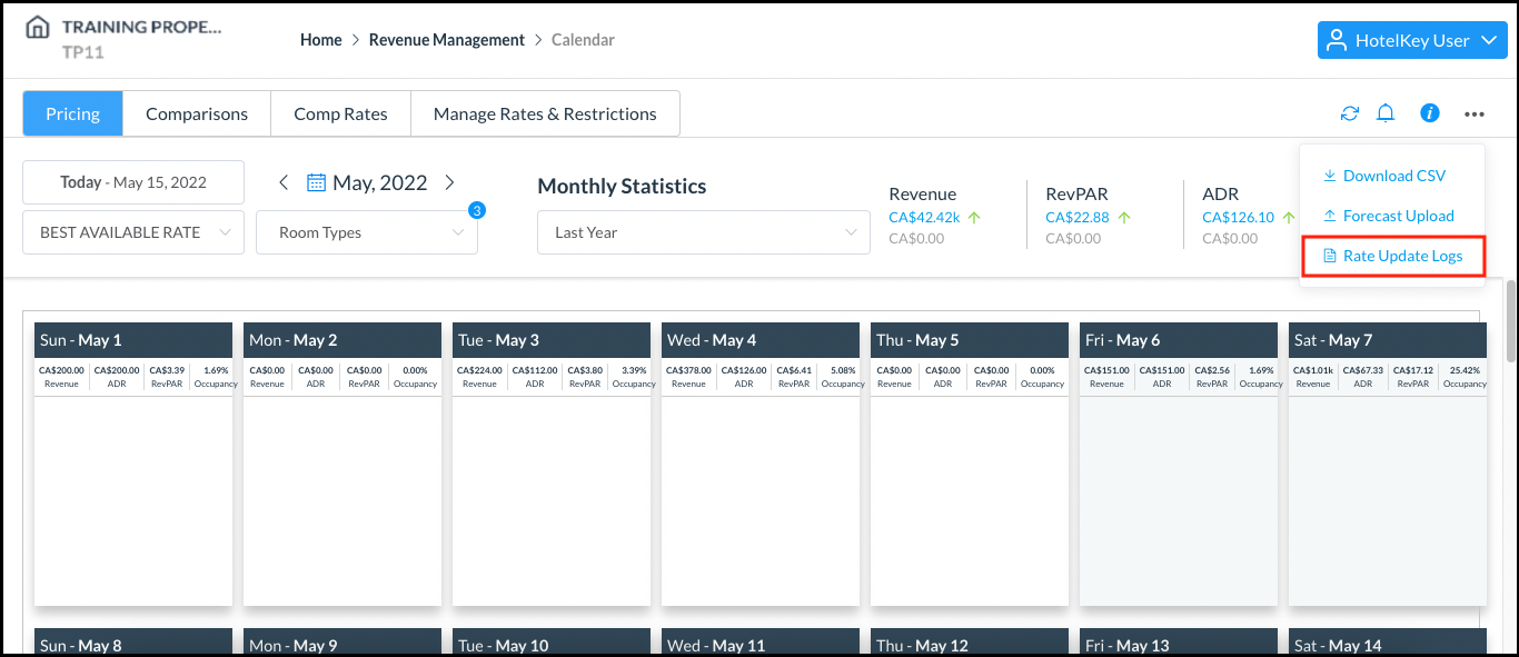Rate Calendar Pricing Tab - Rate Update Logs Link